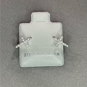 Cubic Zirconia Cross Small Hoop Earrings .925 Sterling Silver.